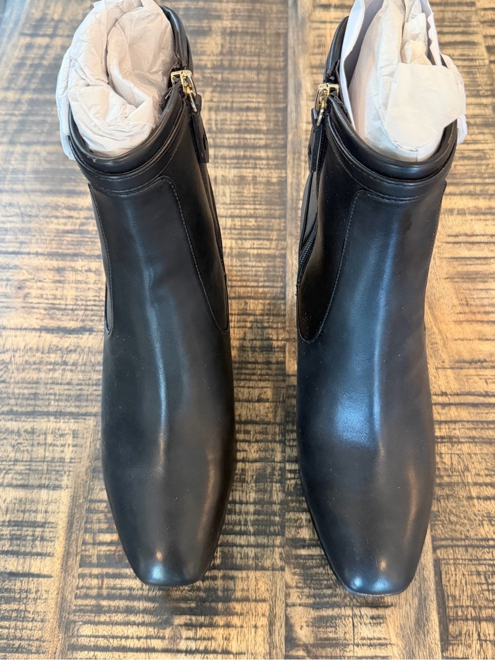 Franco Sarto Black Leather Square-Toe Ankle Boots with Gold Zippers